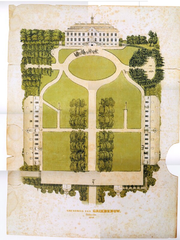 Barockschloss zu Griebenow, historischer Plan von Schloss und Gartenanlagen